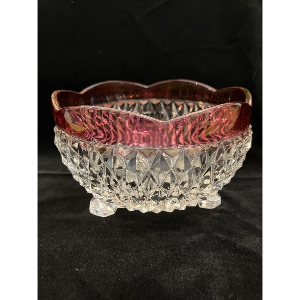 Ruby Red Diamond Point Scalloped Footed Candle Dish BowlVTG  Indiana Glass